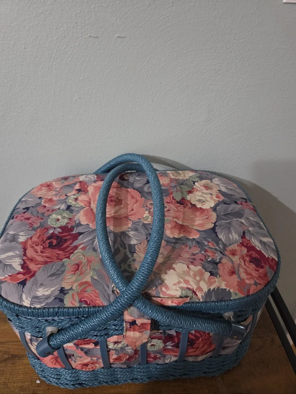 Floral Blue Woven Sewing Basket with Rose Print Lid